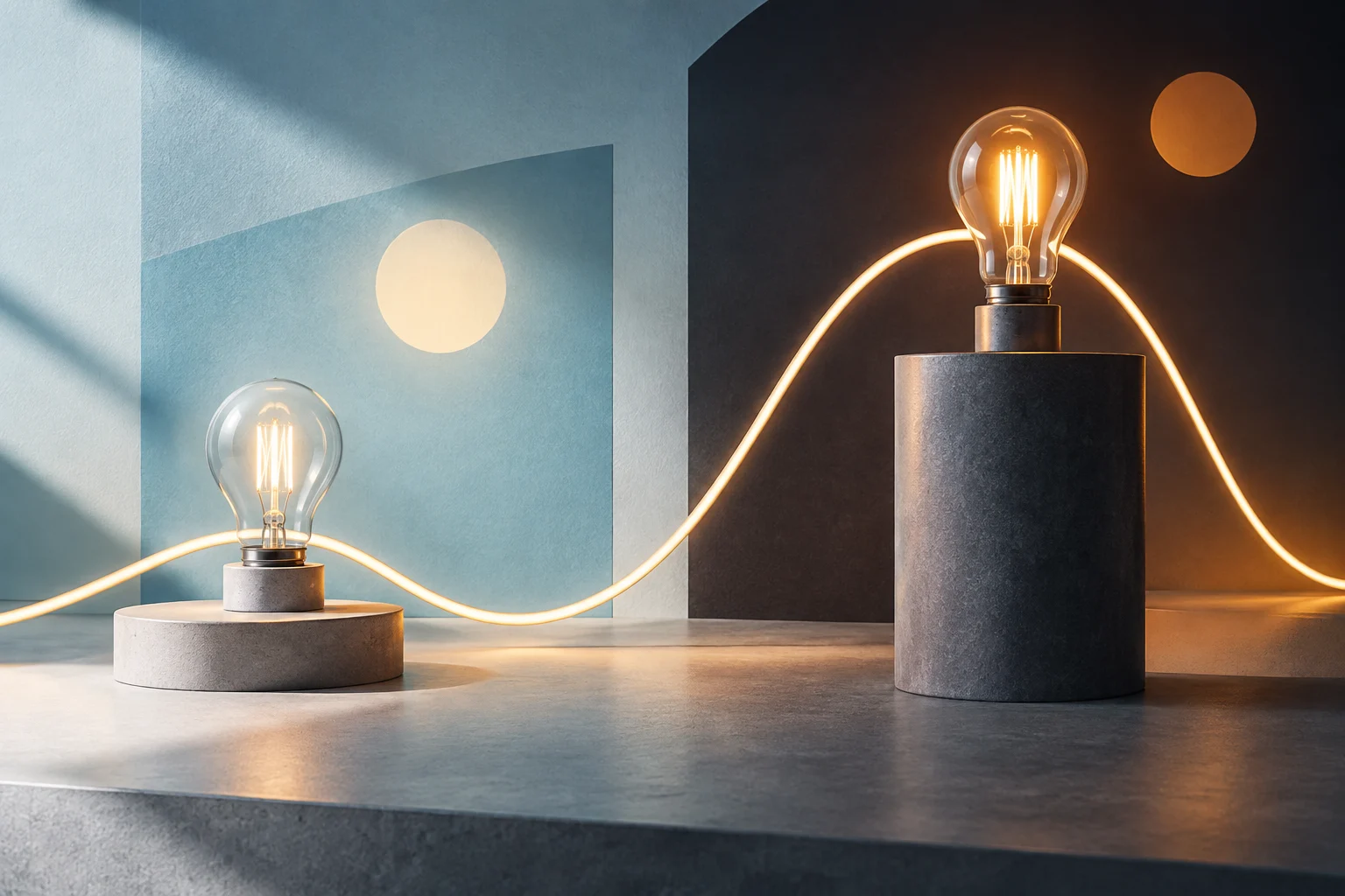 Duas lâmpadas acesas, colocadas em alturas diferentes sobre bases cilíndricas, estão ligadas por um cabo luminoso curvo.