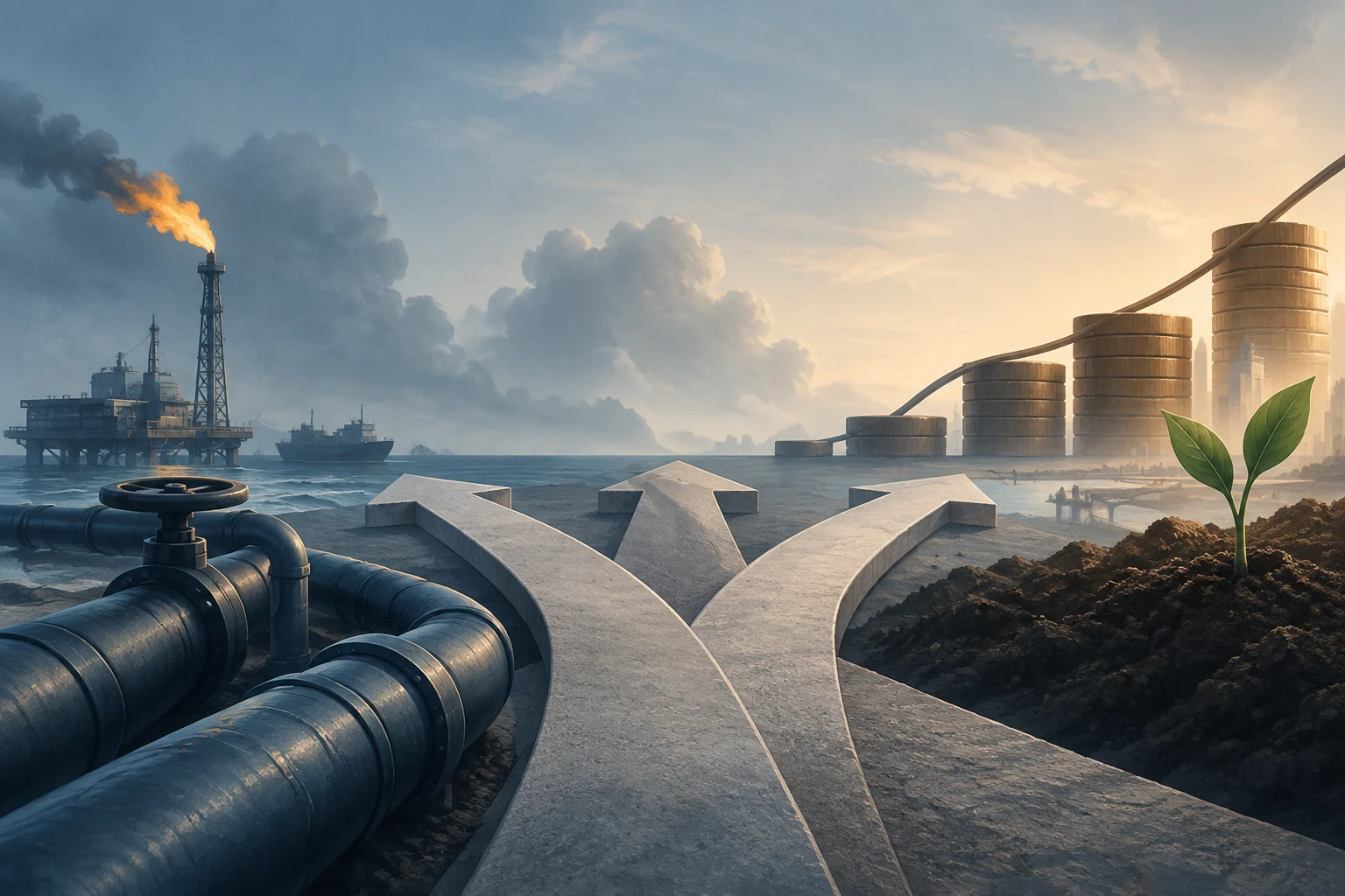 Ilustração de uma instalação petrolífera em alto-mar com chama e fumaça, tubulações em primeiro plano, caminhos de concreto divergentes, pilhas crescentes de moedas e um pequeno broto.