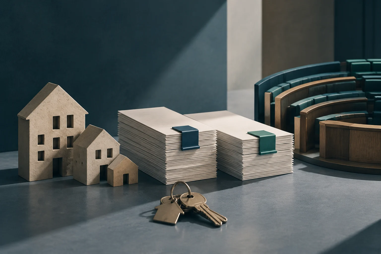 Várias casas em miniatura, duas pilhas de documentos sem texto e um molho de chaves estão diante de fileiras curvas de assentos de uma câmara.