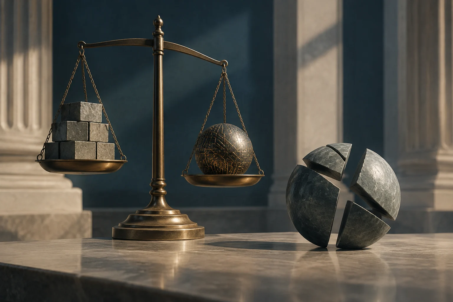 Uma balança de bronze sustenta blocos de pedra em um prato e uma esfera escura com traços semelhantes a circuitos no outro; ao lado há uma esfera de pedra fragmentada, diante de colunas clássicas.