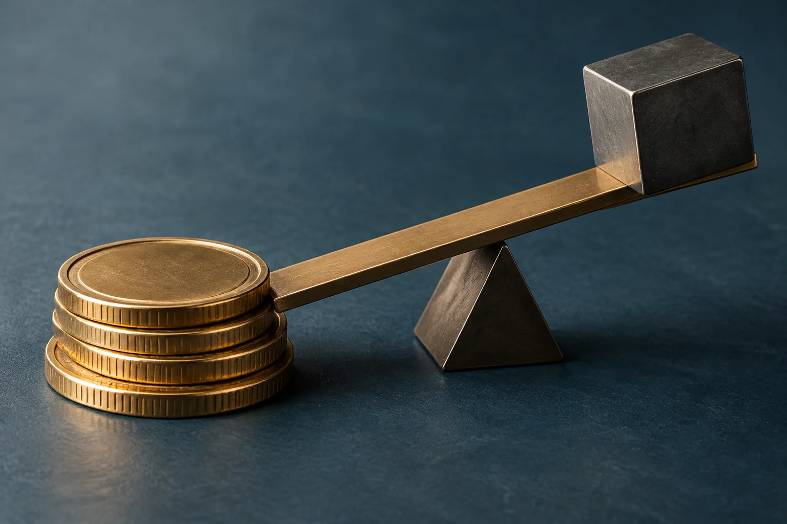 Uma alavanca metálica sustenta um cubo escuro numa extremidade e apoia-se num fulcro triangular; várias moedas douradas estão empilhadas sob a outra extremidade.