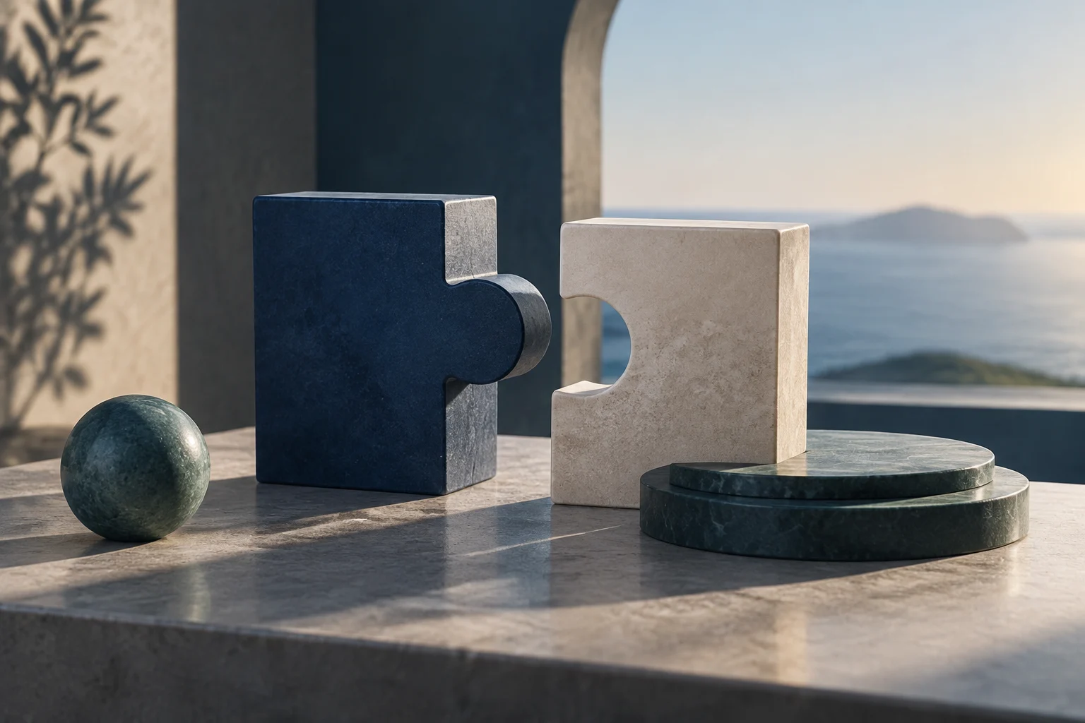 Duas peças de um quebra-cabeça de pedra, uma azul-escura e outra bege, quase se encaixam sobre uma mesa, ao lado de uma esfera e dois discos; ao fundo, vê-se o mar.