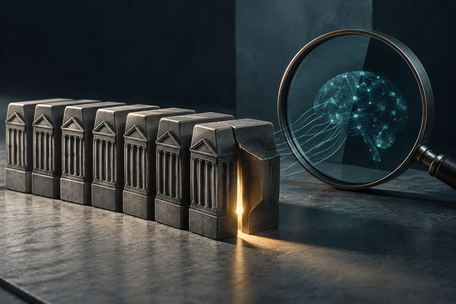Edifícios de pedra semelhantes a bancos, um deles rachado, ao lado de uma lupa que amplia uma rede neural luminosa.
