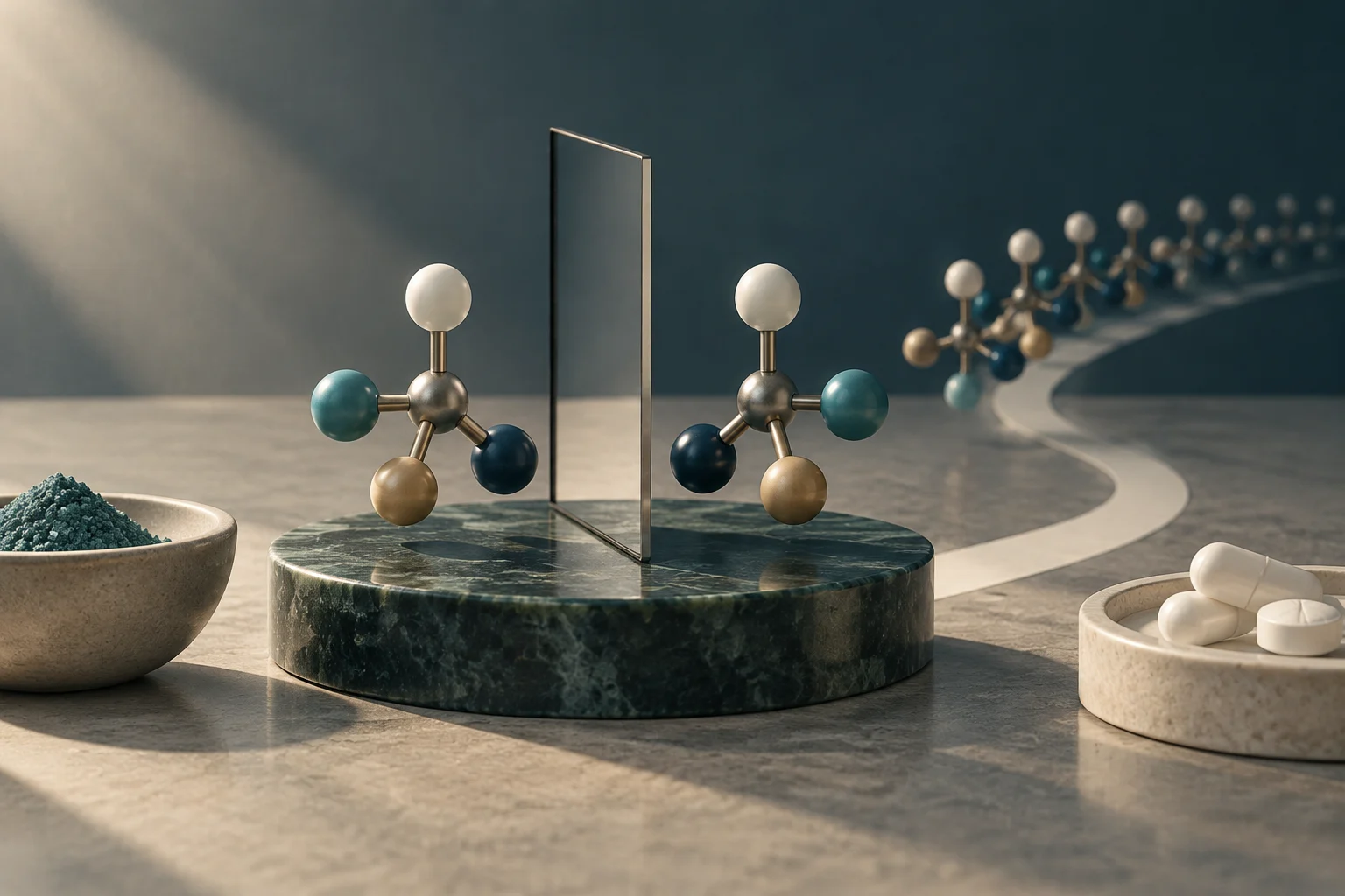 Dois modelos moleculares espelhados ficam em lados opostos de um espelho sobre um pedestal. Ao fundo, há uma cadeia de moléculas; nas laterais, uma tigela com pó e outra com cápsulas.