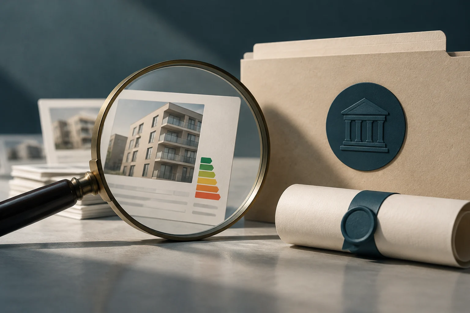 Uma lupa destaca um anúncio de habitação com um edifício residencial e uma escala colorida de eficiência energética; ao lado, há pastas com um emblema institucional e documentos enrolados.