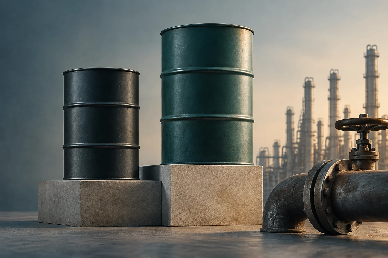 Dois tambores metálicos sobre blocos de concreto diante de uma refinaria, com um tubo e uma válvula em primeiro plano.