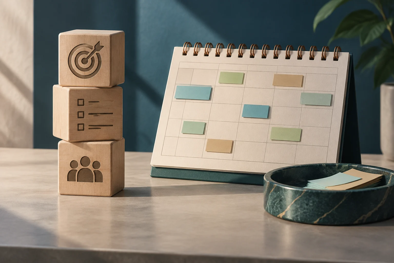 Um calendário de mesa com notas adesivas coloridas está ao lado de três blocos de madeira com ícones de um alvo, uma lista de tarefas e uma equipe.