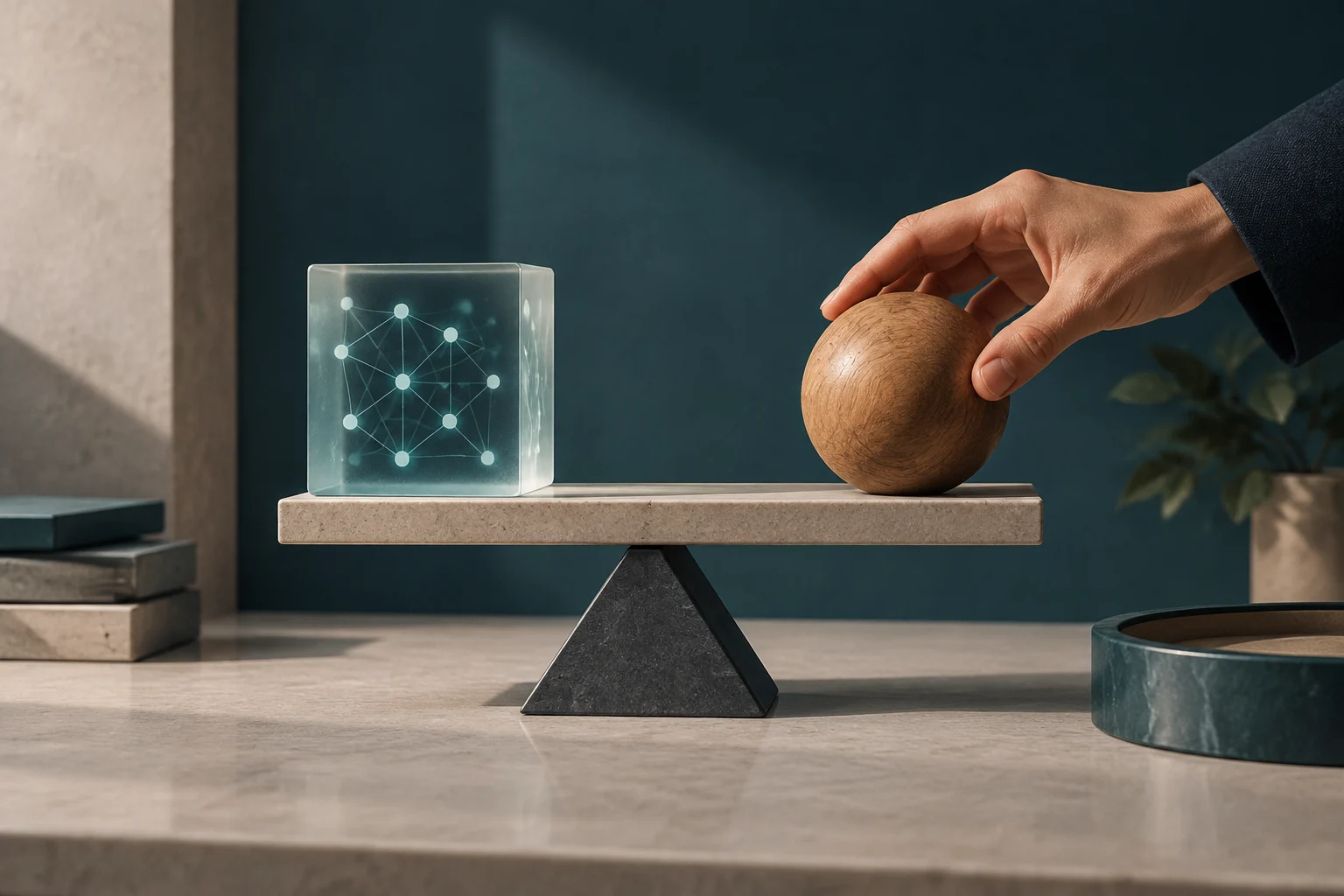 Uma mão segura uma esfera de madeira em um lado de uma balança; no outro lado há um cubo transparente com uma rede de nós luminosos.