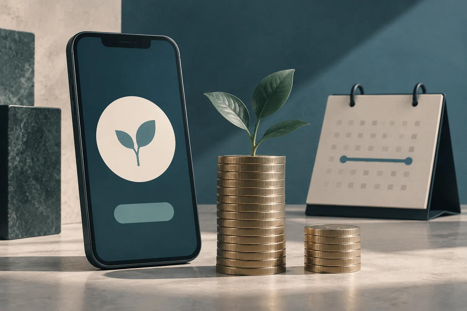 Um telefone mostra um ícone de broto e um botão sem texto. Ao lado, há moedas empilhadas com uma planta por cima, uma pilha mais baixa e um calendário com uma linha horizontal.