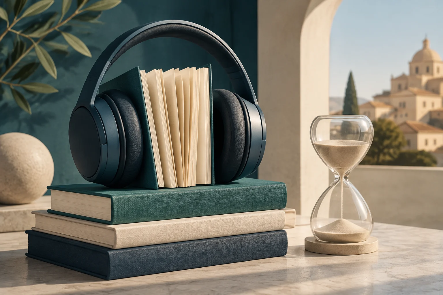 Fones de ouvido pretos envolvem um livro aberto sobre uma pilha de livros; ao lado, há uma ampulheta diante de uma janela.