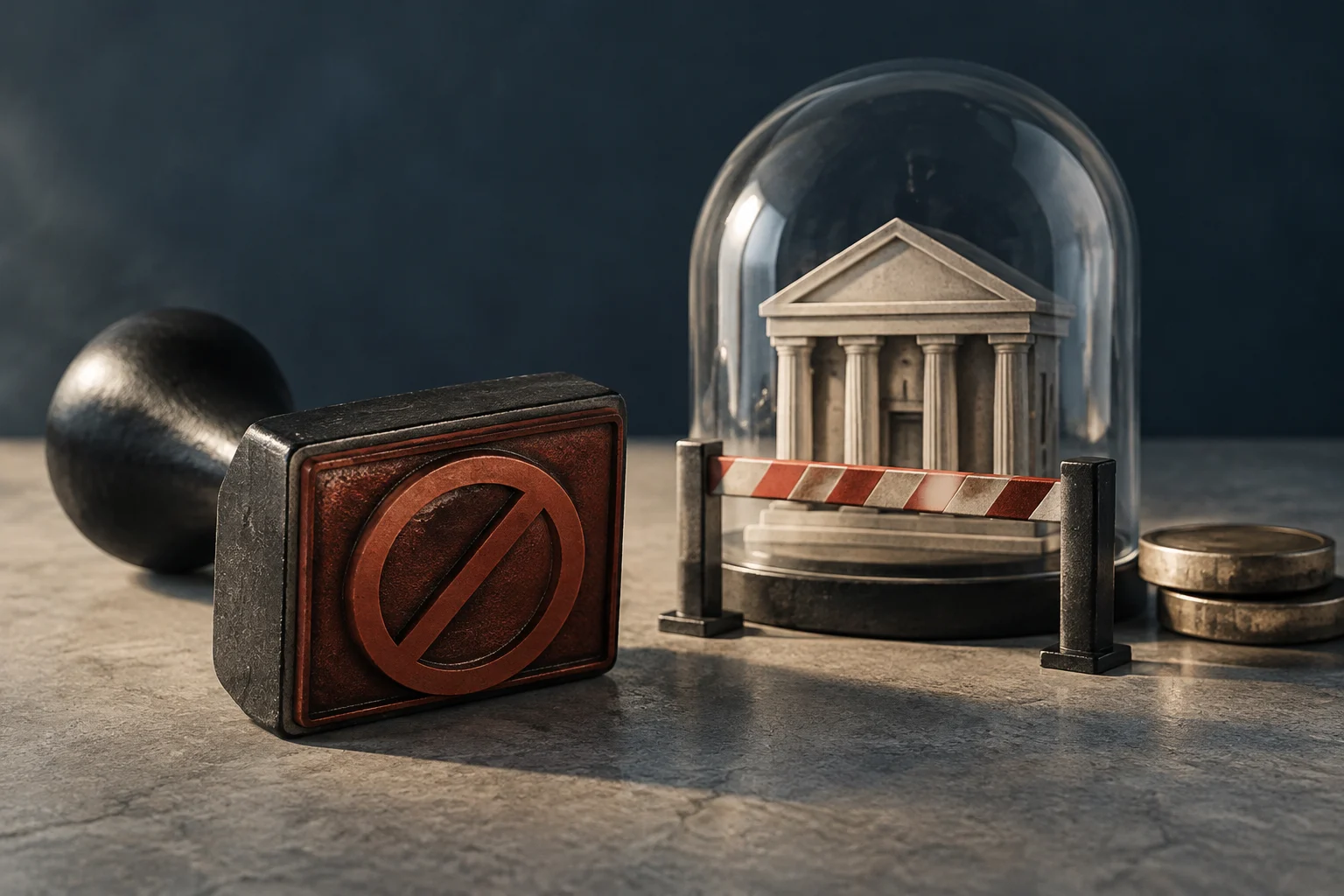 Uma maquete de banco sob uma cúpula de vidro está atrás de uma barreira; à frente há uma placa com um símbolo de proibição e, ao lado, várias moedas.
