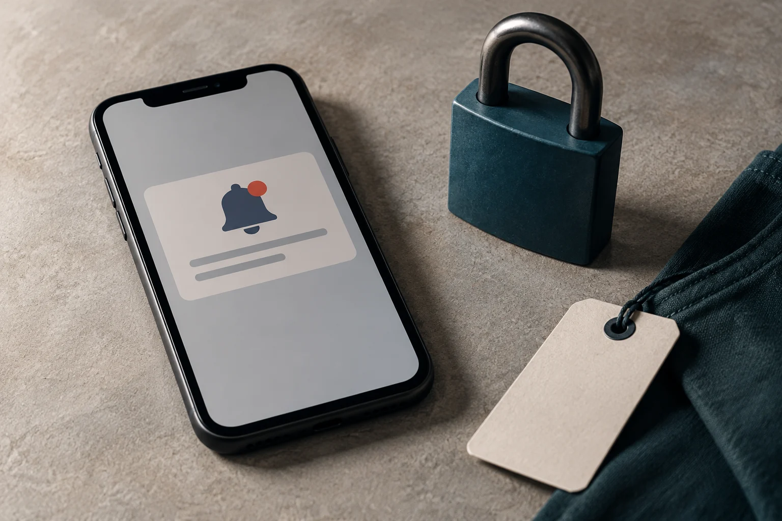 Um telefone exibe uma notificação com um ícone de sino e linhas cinzentas, ao lado de um cadeado fechado e de uma etiqueta em branco.