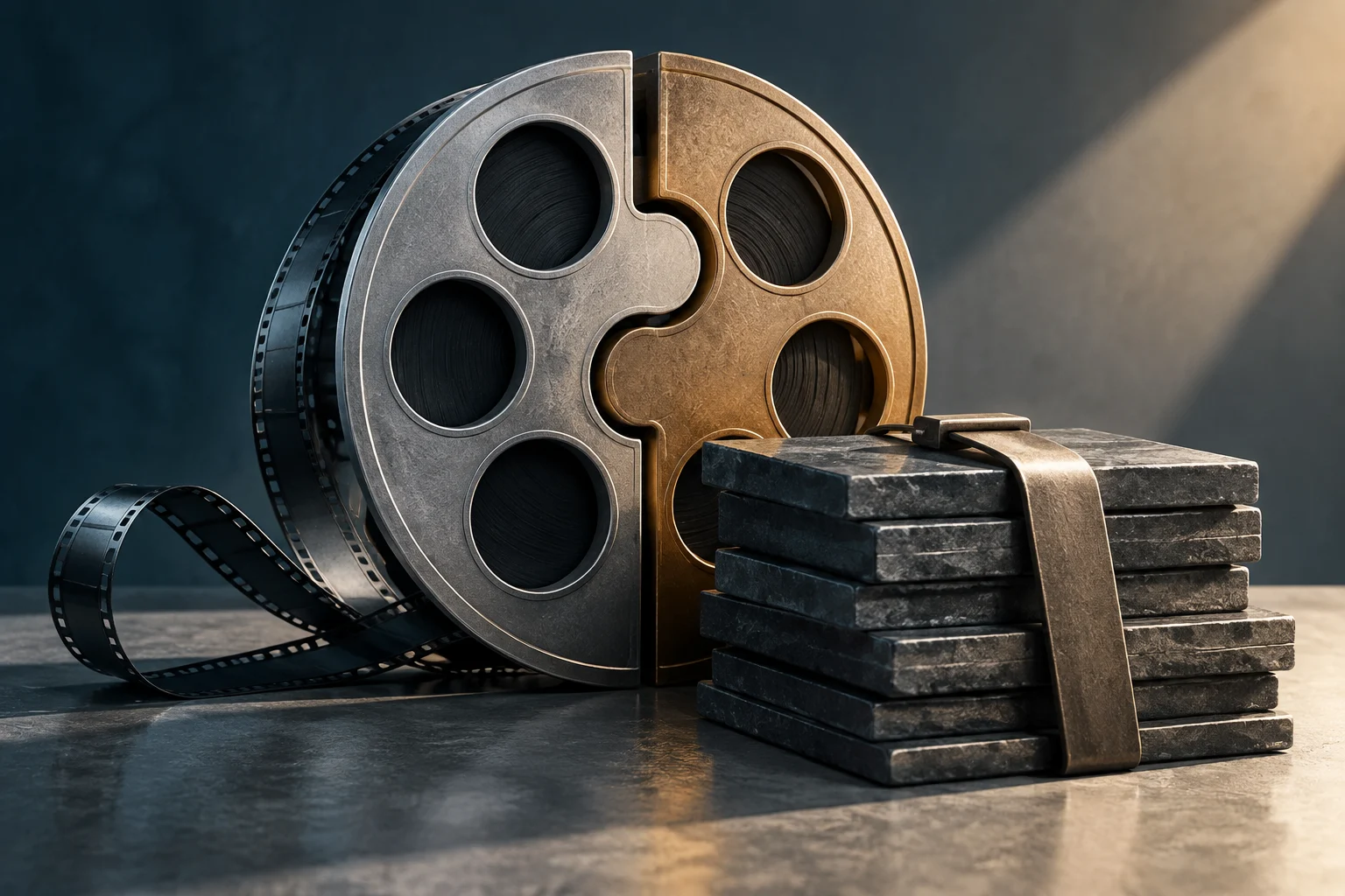Um carretel de filme metálico formado por duas metades de tons diferentes que se encaixam, ao lado de vários rolos de filme empilhados e presos por uma cinta.