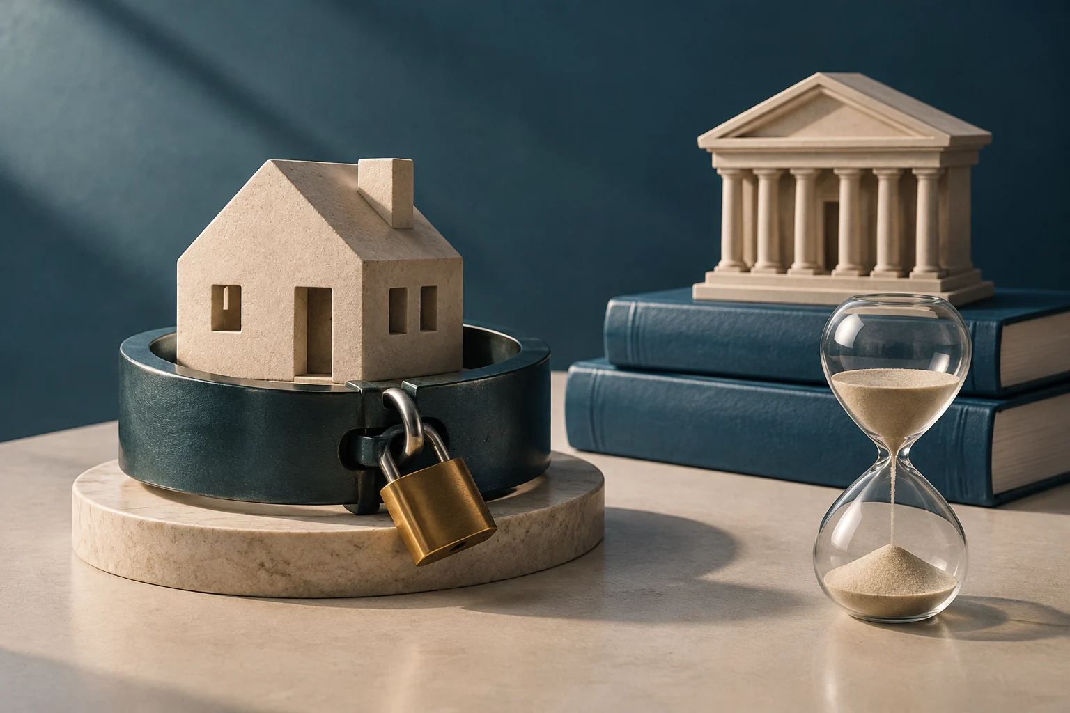 Uma casa em miniatura dentro de um aro preso por um cadeado, ao lado de um edifício com colunas sobre livros e de uma ampulheta.