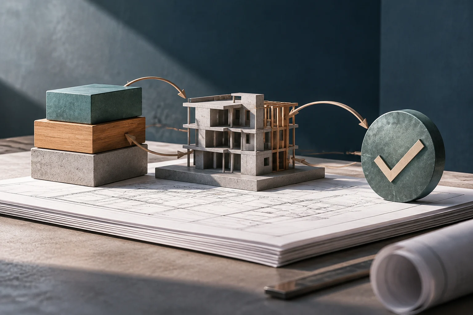 Uma maquete de um edifício em construção está sobre plantas, com setas que a ligam a blocos de materiais e a um disco com uma marca de verificação.
