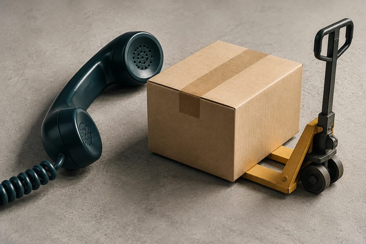 Fone de telefone verde escuro e uma caixa de papelão sobre um paleteira amarela sobre uma superfície cinza.