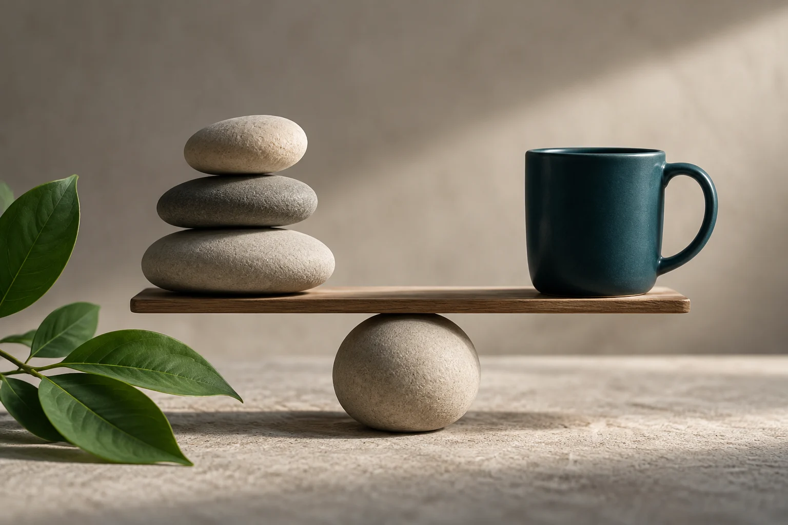 Uma tábua de madeira equilibrada sobre uma esfera de pedra, com uma pilha de pedras lisas de um lado e uma caneca de café azul-escura do outro, acompanhada por um ramo com folhas verdes.