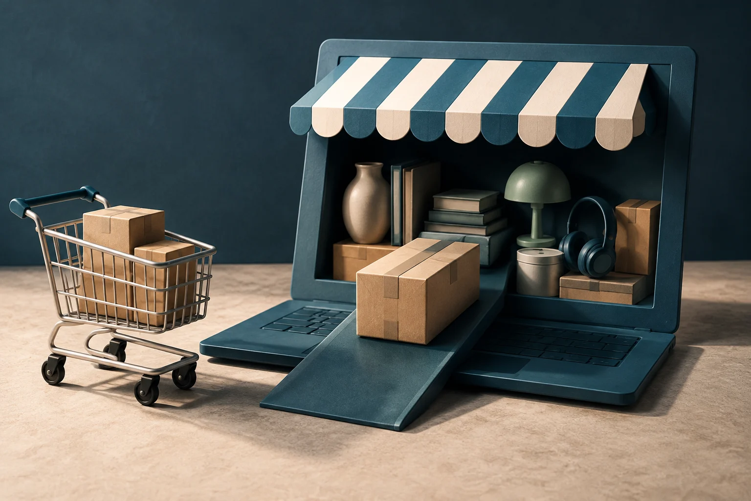 Ilustração 3D de um portátil azul transformado numa loja com toldo listrado, caixas de cartão a sair por uma rampa, ao lado de um carrinho de compras metálico cheio de encomendas.