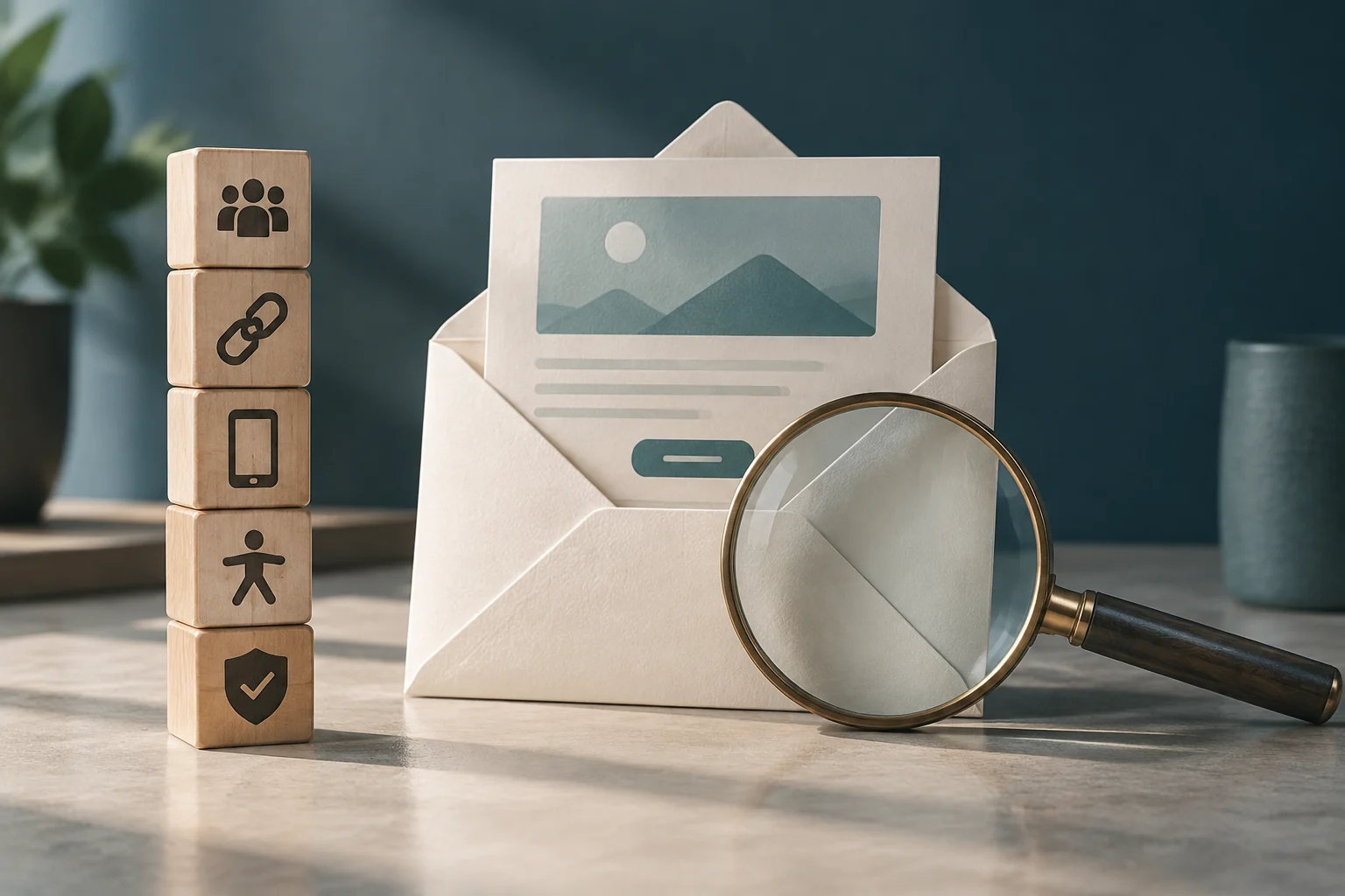Um envelope branco com uma carta e uma lupa de madeira sobre uma mesa, ao lado de uma pilha de blocos de madeira com ícones de usuários, links, móvel, acessibilidade e segurança.