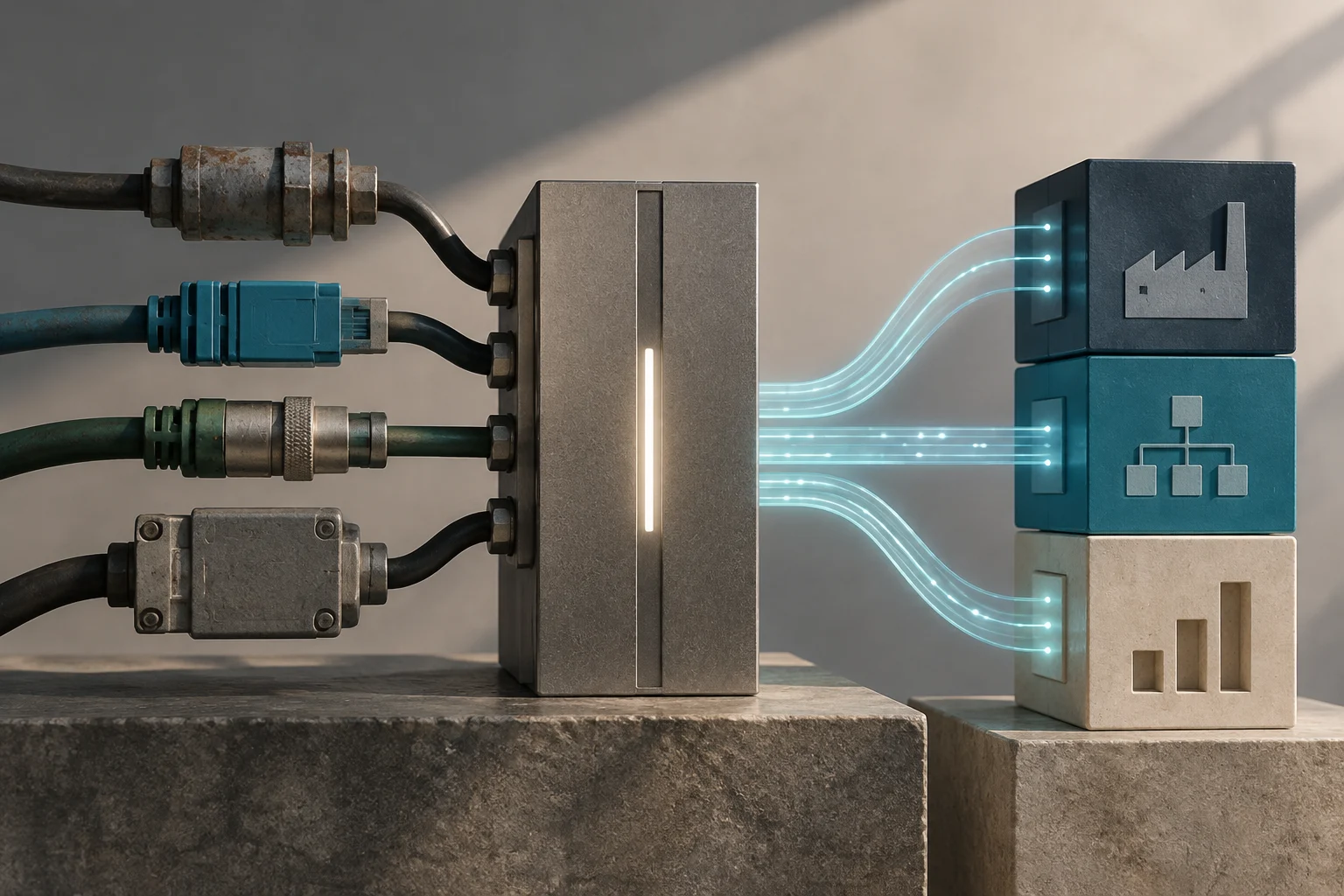 Ilustração 3D conceitual sobre pedestais de concreto com fundo neutro: à esquerda, vários conectores industriais de tipos e cores diferentes unidos por cabos a um bloco metálico central com uma linha de luz vertical; deste bloco saem linhas de luz azuladas que se dirigem à direita para três blocos empilhados com ícones de uma fábrica, uma hierarquia em árvore e algumas barras.